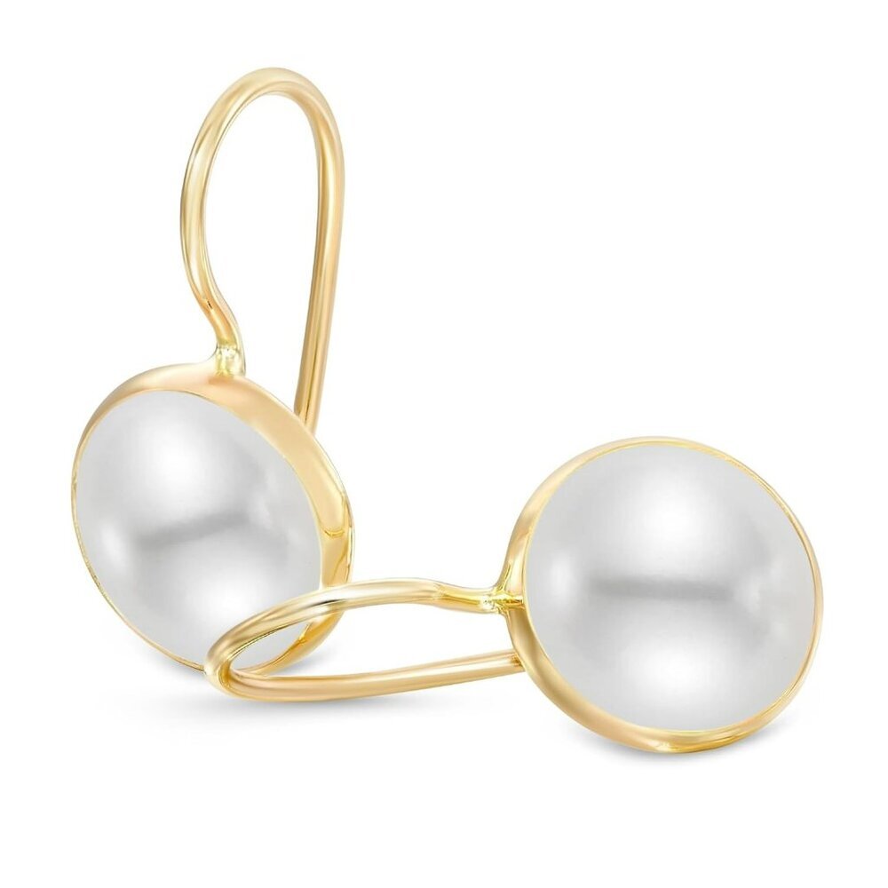 14k Solid Yellow Gold Pearl Earrings - June Birthstone Earrings - 8mm Dangle Ear - Picture 1 of 7